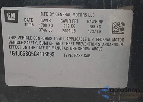 2016 Chevrolet Sonic Lt Auto из США, поврежденный, VIN 1G1JC5SG5G4116695